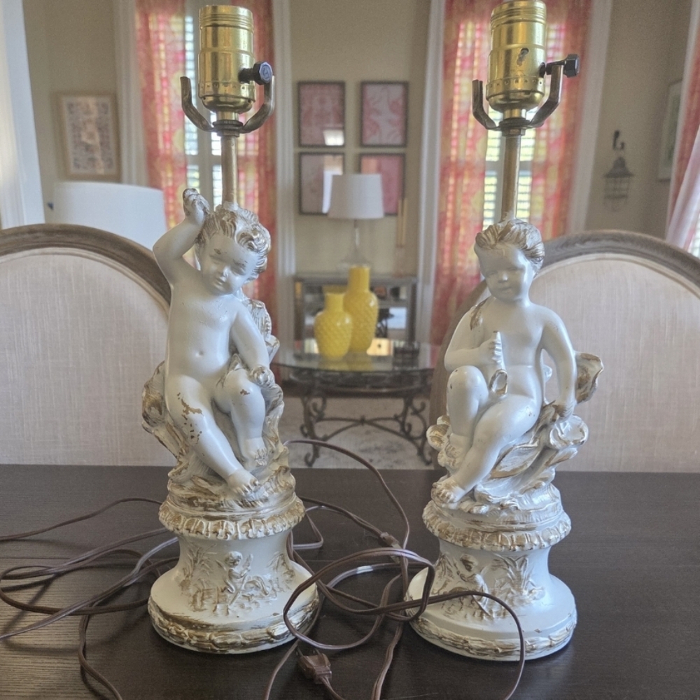 Vintage Cherub Table Lamps Off White Gold Hues Matching Set